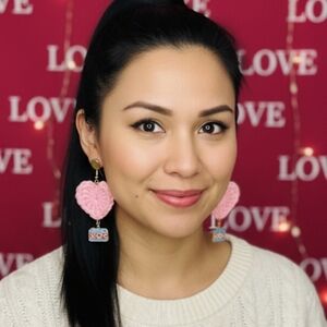 Handmade Crochet Acrylic Pink Heart Camera Earrings Charm Dangling Earrings